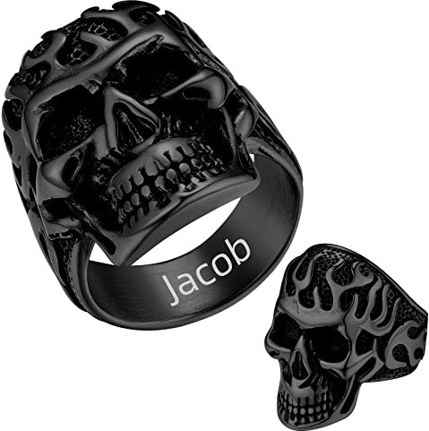 GoldChic 316L Edelstahl Herren Ring Flamme Totenkopf Statement Ring mit Eigenem Namen Punk Biker Skull Siegelring Männer Schädel Fingerring Ringgröße 67.2（21.4） Mode Accessoires für Männer Junge