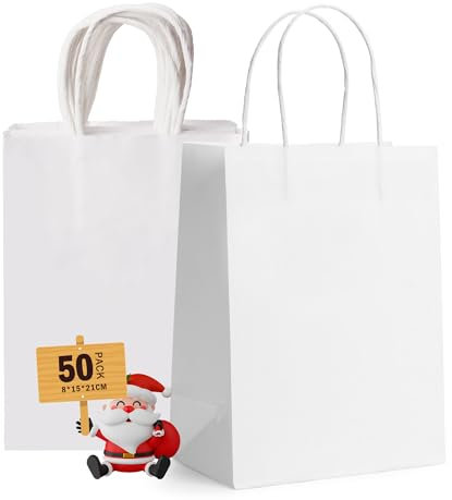 GIFTSAY 50stk Papiertüten mit Henkel Klein Weiß 15X8X21cm, Geschenktüten für Hochzeitsfeier, Einkaufstüten, Einzelhandelswarentüten und Geburtstags