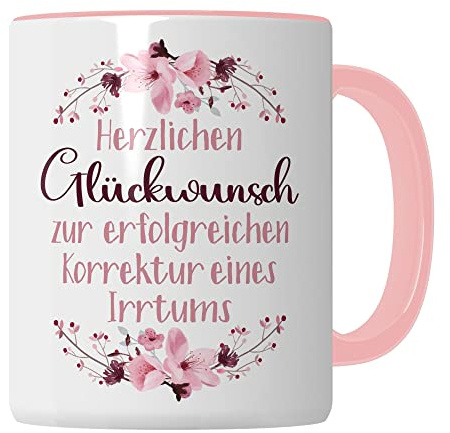Scheidung Tasse, Herzlichen Glückwunsch zur erfolgreichen Korrektur eines Irrtums, Scheidung Trennung Spruch lustig Motiv Geschenkidee Kaffeetasse divorce Kaffee-Becher (Weiß/Pink)