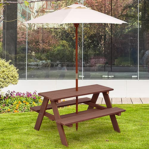 COSTWAY Table de Pique-Nique Enfants avec Parasol Amovible, Table de Jardin Extérieur avec Chaise en Bois, Bancs d’Activités pour Jardin Terrasse Patio,89x79x175cm (Naturel)