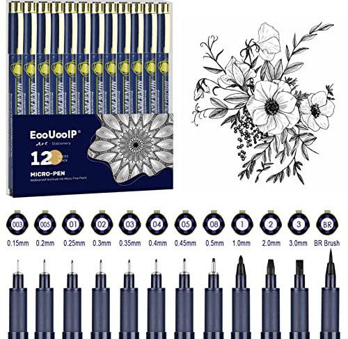 EooUooIP Schwarz Fineliner Stifte, 12 Stück Fineliner Set Pigment Liner Set, 0.03-0.3mm Handlettering Stifte Zum Künstler Illustration, Skizzen, Technisches Zeichnen, Office Dokumente, Malbuch Comics