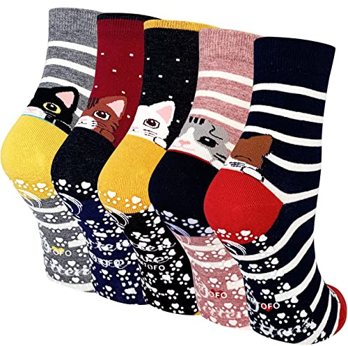 ZFSOCK Calzini Antiscivolo Donna Fantasia: Calze Non Scivolare con Grip Divertenti Colorate Gatto Animali Motivo per Fitness Sport Ospedale 5 Paia Taglia EU 35-42