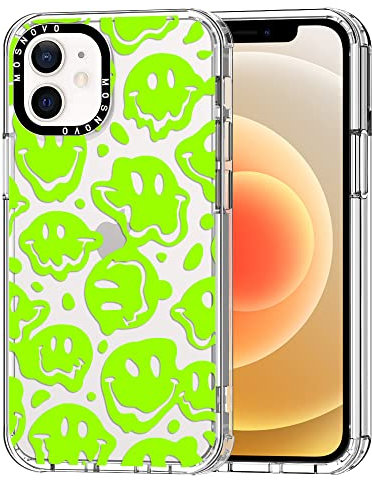 MOSNOVO für iPhone 12 Mini Hülle – Durchsichtige, schlanke, stoßfeste TPU+PC-Handyhülle, [6,6 Fuß Fallschutz/Anti-Abziehen] - Verzerrtes grünes Lächel-Gesicht