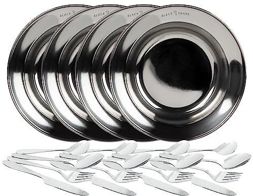 Black Snake® tiefer Edelstahl Camping Picknick Teller inklusive 'lunch' Besteck - 4 Personen - Set