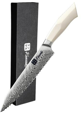 Kensaki Brotmesser aus Damaszener Stahl Küchenmesser Japanischer Art hergestellt aus 67 Lagen Damaststahl | Weißer G10 Griff - Shiro Serie