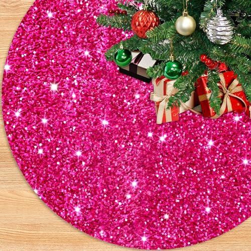 PATYDEST Gonna per albero di Natale con lustrini da 91,4 cm, colore rosa acceso, decorazione natalizia, base rotonda per albero di Natale, in velluto, per le vacanze invernali, tappeto per il