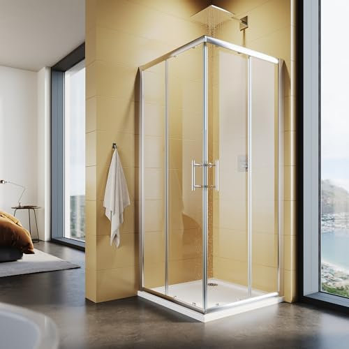 SUNXURY Cabina de ducha de 80 x 90 cm, doble puerta corredera, entrada esquinera, mampara de ducha de 5 mm, cristal de seguridad, puerta de ducha de 185 cm de altura