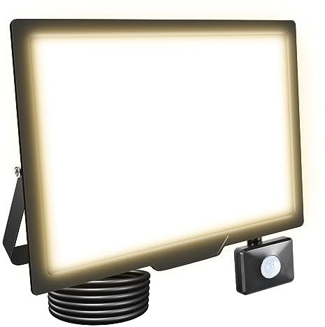 RIGIDON 150W Faretto LED con Sensore di Movimento, 15000 LM Proiettore Faro Led Esterno 3000K Bianco Caldo Luci di Sicurezza, IP66 Impermeabile Faretti LED per Giardino Garage Patio Terrazza Cortile