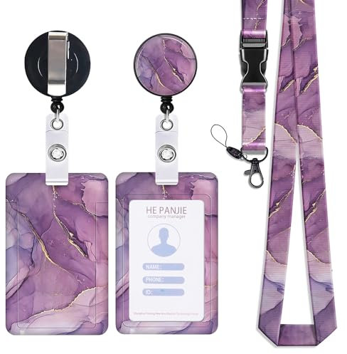 Zemolo Porte Badge de Carte d'Identification avec Cordon Tour de Cou, Porte-cartes Swivel Lobster Clasp avec Lanières Rétractables pour Cartes d'étudiant d'infirmière Clés Caméra (Marbre Violet)