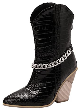 KKvoPiQ Stivali da cowboy da donna con tacco a blocco, comodi pantaloni retrò, tacco grosso, stivali western con polpaccio medio, sexy, nero, Nero , 41 EU
