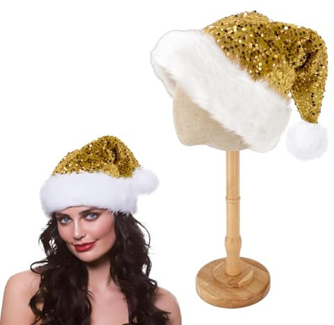 Glitzer Pailletten Weihnachtsmütze für Kinder Erwachsene,Gold Plüsche Santa Mütze mit Glitzer Pailletten,Bequemes Dicker Klassischer nikolaus mütze aus Samt für festliche Partys im neuen Jahr