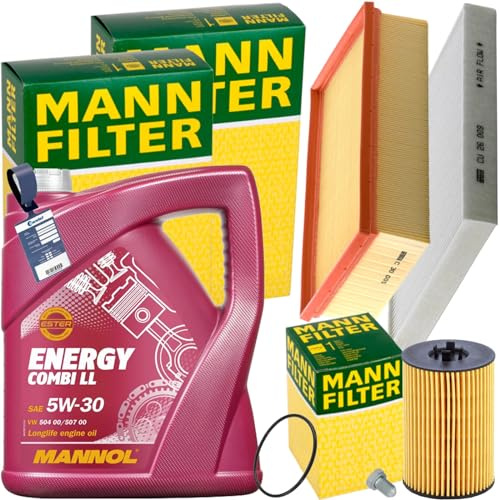 Mann Inspektionspaket+5L Mannol Nrg 5W30 Öl | CU26009 (LA888)+C30005+HU7020Z+588.670.001+MN1801 passend für A3 8V Golf 7 Tdi