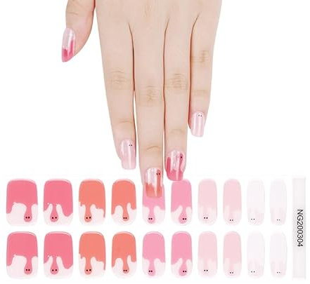 Semi Cured Gel Nails Strips 20 Stickers Glitter Nail Wraps Soft Self-Adhesive Gel Nail Stickers Salon-Quality Gel Nail Strips for Nails Manicure UV/LED Lamp Required (304-Cute)