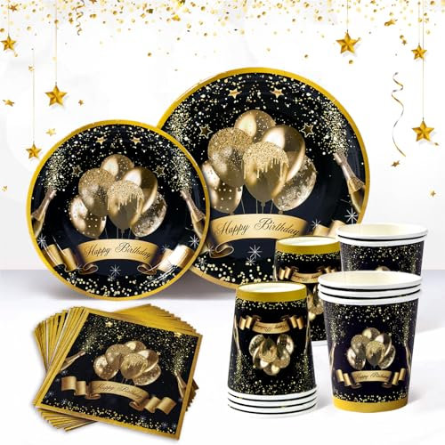 Vaisselle Jetable Anniversaire Noir et Or, Decoration Table Anniversaire - 96Pcs Assiette Jetable, Gobelets Jetables, Serviette de Table Papier, pour Happy Birthday Decoration, Anniversaire 18 ans