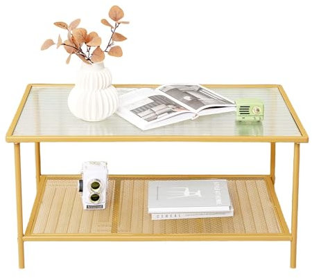 LIFEZEAL Mesa de Centro de Cristal Templado, Mesa Rectangular de salón con Estante de Malla, Mesa de café con Marco de Metal, Mesa Dorada de Cristal para salón, Oficina, 90 x 50 x 46cm