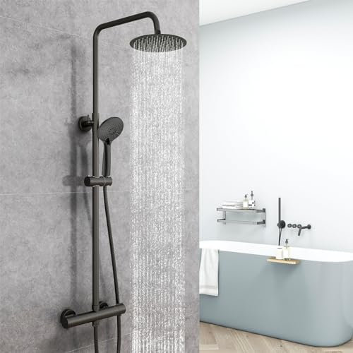 AICA Colonna Doccia con Miscelatore Termostatico, Rubinetto Doccia 283x40mm, Soffione Doccia Tondo in Acciaio Inox da 20cm, Altezza Regolabile 735-1170mm, Set Doccia Completo Nero