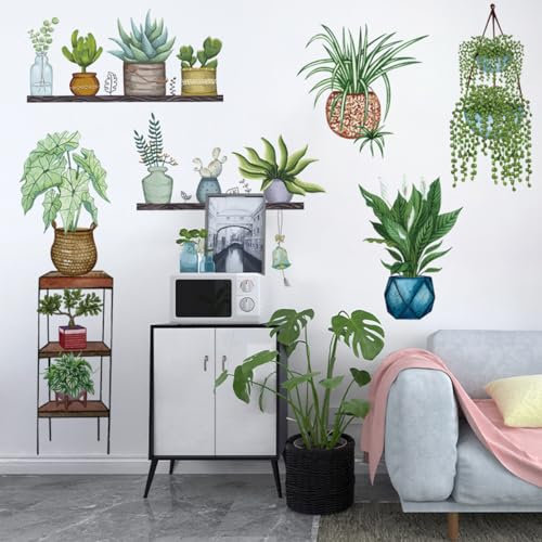 Schlafzimmer Deko Wand Wandsticker Wandbilder - Wandtattoo Küche Blumen Topf Gräser Blätter Grün Wand Deko für Wohn 0111