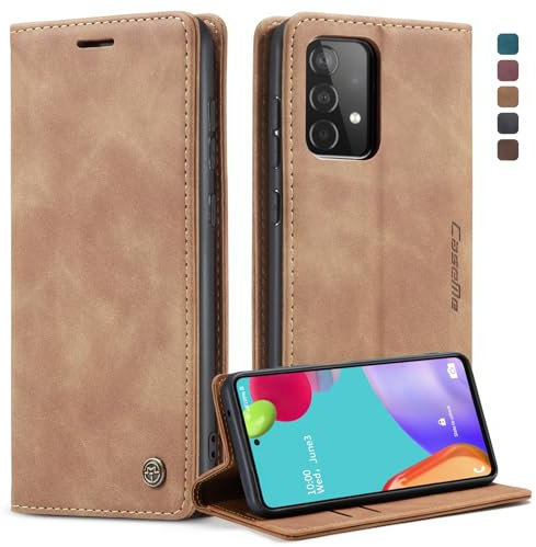 owlhold Handyhülle für Samsung Galaxy A52 5G/4G A52S 5G Hülle, Premium Lederhülle Weiches Vintage-Nubukleder Faltbare Ständer Klapphülle Kartenfach Standfunktion stoßfest Schutzhülle -Braun