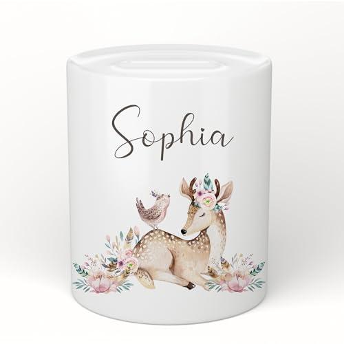 Manufaktur Liebevoll Rehkitz Spardose personalisiert Taufe Geschenk Geburt Babygeschenk Personalisierte Kinder Spardose REH Baby Mädchen Sparschwein Geldgeschenk (Rehkitz)
