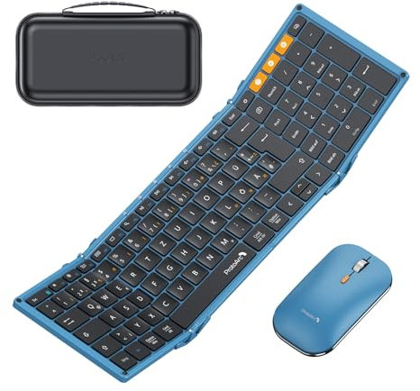 ProtoArc XKM01 Foldable Keyboard and Mouse, Full-Size Bluetooth Keyboard Foldable with Numeric Keypad, 2.4G + Dual Bluetooth Folding Keyboard QWERTZ Layout Windows/Mac/Android, Black and Blue