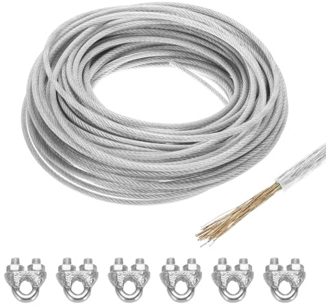 sourcing map Cuerda de alambre recubierta de vinilo transparente de 5 mm, cable de acero galvanizado de 30 m con 6 fundas de bucle M6 para colgar luces de cadena, barandilla de cubierta, alambre de