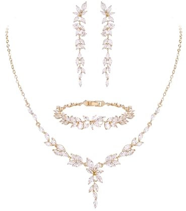 EVER FAITH Cubic Zirkonia Schmuck Set für Braut Brautjungfer, elegante Marquise Blatt Blume Hochzeit Halskette baumeln Ohrringe Armband für Damen Klar Gold-Ton