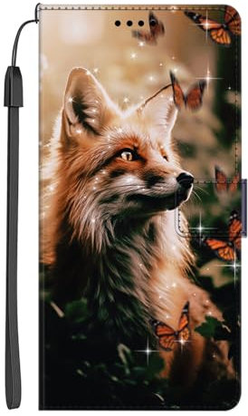 EuoDuo Coque Portefeuille pour Samsung Galaxy A13 4G Étui Rabattable Motif Marron Papillons Renard Housse en Cuir PU Pochette Portable Folio Case Magnétique Antichoc Protection