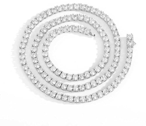 WAHZAUS Tennis-Halskette für Damen und Herren, 3 - 5 mm, weißvergoldet, 18 Karat Weißgold, Zirkonia, Kunstdiamant-Halskette, Tennis-Halskette, Rundschliff, Edelsteine, Tennis-Halskette, 5MM,