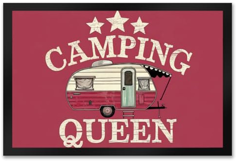 speecheese Camping Queen Wohnwagen Fußmatte XXL in 50x75 cm mit pinkem Hintergrund Vintage-Stil Illustration von Campinganhänger unter Markise und Sternen