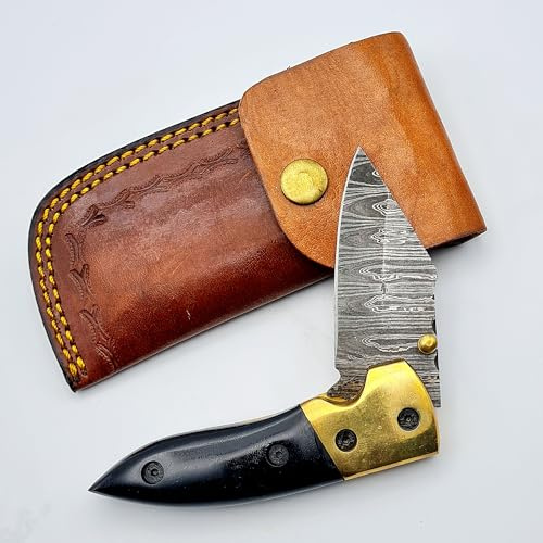 CRAFTOMATIK Damast Stahl Taschenmesser | Klappmesser | Büffel Horn, Messing Griff | Handgefertigt Outdoor Damastmesser Camping Messer | FK08