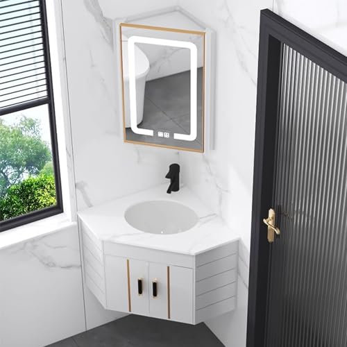 HXYhydrypd Badmöbel Set mit Spiegelschrank, Eck-Waschtisch und Waschbecken für Badezimmer mit LED-Spiegel, Wandmontiertes Badezimmerschrank Set für Kleine Räume