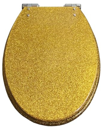 BGFYUSF Glitter Toilet Seat， Resin Toilet Seat Elongated Soft Close Quick Release Heavy Duty Toilet Seats with Glitter Cover， Bathroom Toilet Lid Oval，Silver foil，Gold