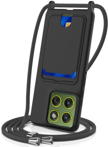 SLWYF Coque pour iPhone 16 Plus avec Porte-Cartes et bandoulière en Silicone Liquide, Collier pour Étui Colliers de cellulaire Mince Antichoc Réglable Lanyard Case pour iPhone 16 Plus, Noir
