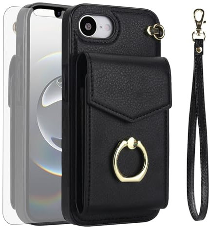 Asuwish Schutzhülle für iPhone 16e/SE 2025/SE 4, Brieftaschen-Schutzhülle mit gehärtetem Glas, Displayschutzfolie und RFID-blockierendem Ring, Kartenhalter, für Damen und Herren, Schwarz