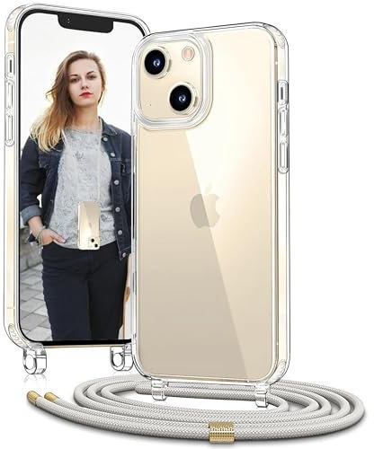 OLEPHY Handykette für iPhone 15 Hülle mit Band, [Verstellbarem und Demontage Umhängeband], Transparente Handyhülle mit Kordel zum Umhängen für Wanderungen & Outdoor | Freiheit für Hände, Beige