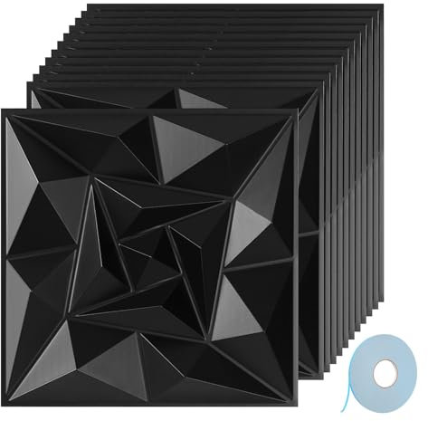 Jaxguom 3D Wandpaneele Diamant 12 Stück 30 x 30 cm (1.08m²), 3D Wall Panels Gaming Zimmer mit Klebeband, Hochsteifes PVC Wanddeko Platten, Wasserfest, Matt Schwarz