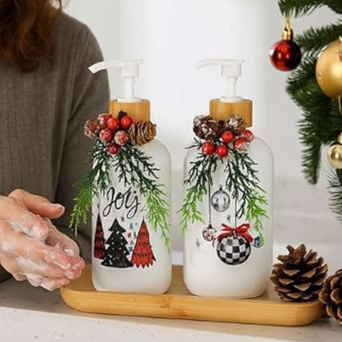 Patelai 2 Pack Christmas Soap Dispenser for Bathroom Kitchen Decorarion Pine Branch Refillable Hand Soap Dispenser with Pump Snowflake Christmas Tree Ball for Winter Farmhouse Indoor Decoration Gift