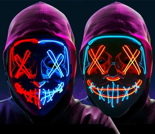WFKKMEQ Halloween Mask, 2PCS LED Masks Light up Mask Cosplay Masquerade Masks Halloween Costumes Accessories LED Face Costume for Men Women Masquerade Carnival