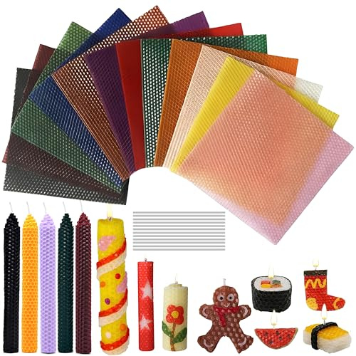 12 Stück Bienenwachsplatten Bunt mit 12 Dochten, Bienenwachs Kerzen, Taufkerze Selber Machen Set, Bienenwachskerzen Set für Kinder & Erwachsene, DIY Kerzen Selber Machen, Bastelset Weihnachten,20x20cm