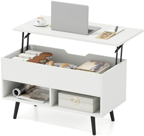 FANTASK Couchtisch höhenverstellbar, Kaffeetisch mit anhebbarer Tischplatte & 2 offenen Regalen, Sofatisch Holz für Wohnzimmer, Büro, 80 x 40 x 46-60cm (Weiß)