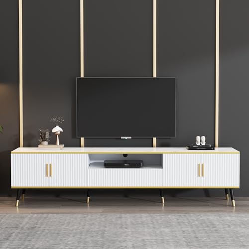 Meuble TV Blanc laqué Meuble TV 200 cm Longueur avec Rangement Portes et tiroir Plateau Effet marbre Structure Stable pour télévision Grand Format Meuble télé Table TV pour Salon