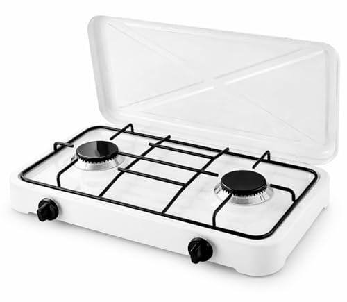 Fornello A Gas Portatile 2 Fuochi con Coperchio Piano Cottura Campeggio GPL Gas Naturale Fornello da Camping In Acciaio Con Griglie Smaltate Cucina Portatile per Camper Picnic Outdoor (Bianco)