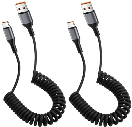 2 Piezas Cable USB C Coche en Espiral, Cable USB C para Coche, USB A USB C Extensible de 0,36 a 1,5 m, para Carga y Transferencia de Datos, Compatible con Android Auto y CarPlay