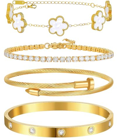 XIWCAFC 4 Stück Armband Damen Gold 18K Vergoldet Vierblättriges Kleeblatt Armbänder Set Verstellbare Stapelbare Armbänder Damen Mit Cubic Zirkonia Gold Armkette Schmuck Glücksschmuck für Damen