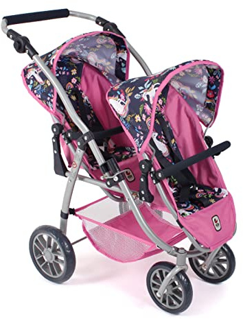 Bayer Chic 2000 - Puppenwagen Vario, Zwillingsbuggy für Zwei Puppen, Tandem-Puppenwagen für Kinder von 4 bis 8 Jahren, Zwillingspuppenwagen, Einhorn, Navy-pink