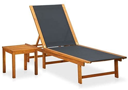 Drillkyn Tumbona de jardín de madera maciza de acacia con respaldo ajustable y tejido textileno, incluye mesa cuadrada de madera, ideal para balcón, terraza, piscina y spa