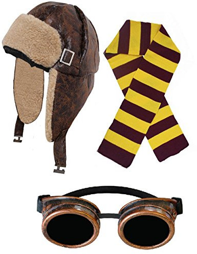 I LOVE FANCY DRESS KAMPFFLIEGER/RUSSEN VERKLEIDUNG KOSTÜM+Kupfer Googles+SCHAL IM Retro Stil = DIE MÜTZE HAT HELLES TEDDYFELL AUF DER Innenseite= Kunstleder OHRKLAPPEN =Kastanie/Goldner SCHAL