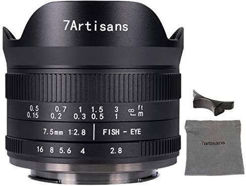 7 artigiani 7.5 mm f2,8 MFT obiettivo manuale per Panasonic Olympus micro quattro terzi M4/3 telecamere con protezione copriobiettivo, rimovibile paraluce – nero