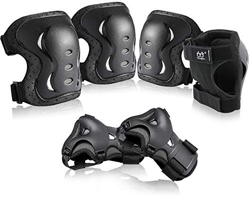 boruizhen Kids & Adult/Youth Knee and Elbow Pads with Wrist Guards 3 in 1 Protective Gear Set for Skateboarding Cycling BMX Bike Scooter Skating Rollerblading Riding (Black, Medium (8-12 Years))