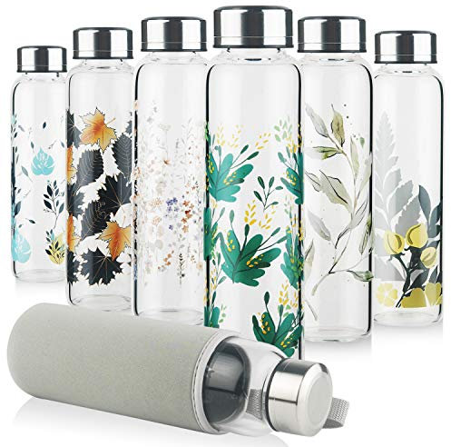 Reeho Bouteille d'eau en Verre, Gourde en Verre avec Housse en Néoprène et Bouchon en Acier Inoxydable, sans BPA, 500ml / 1000ml / 1 Litre